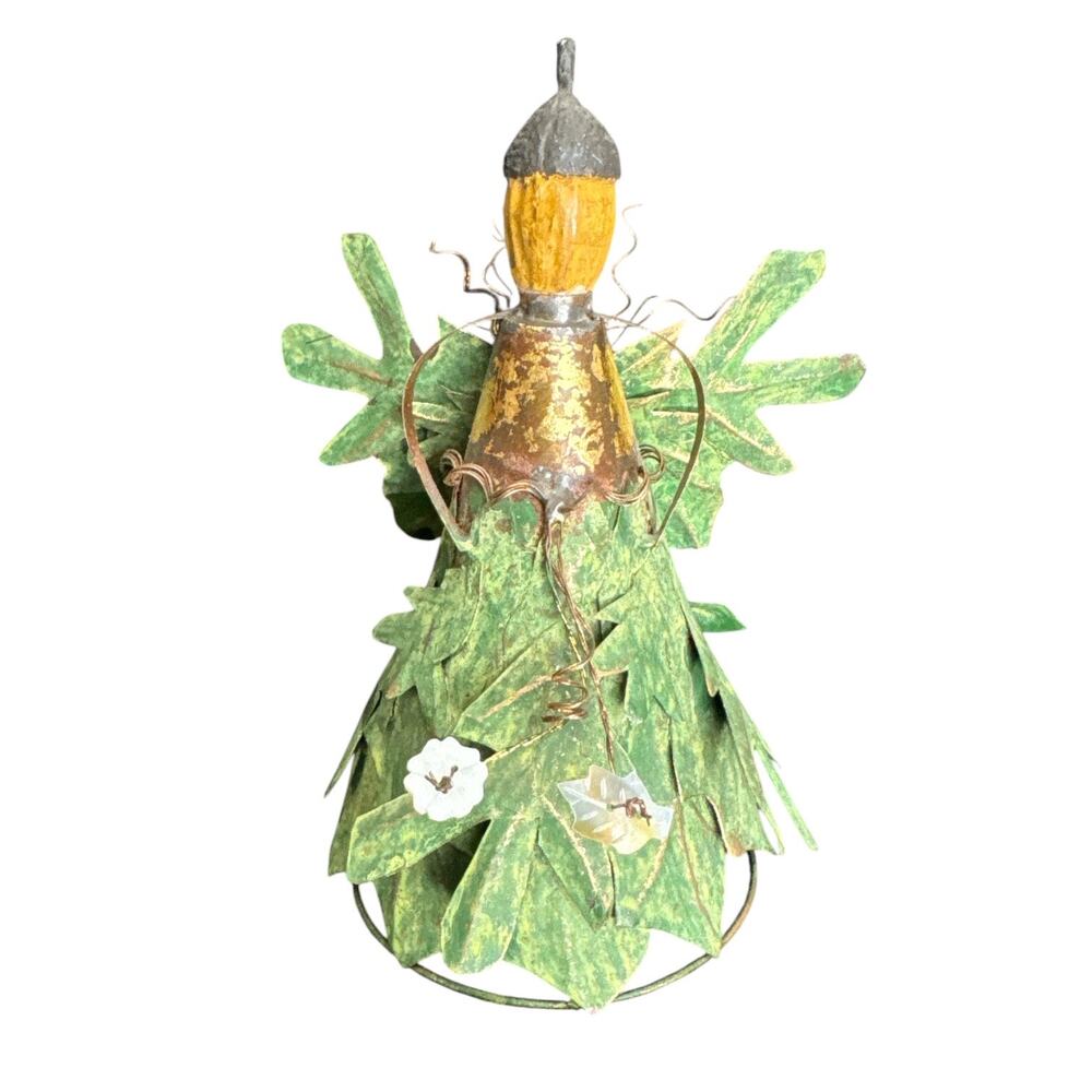 Vintage Handmade Green Metal Leaf and Acorn Fairy Angel
